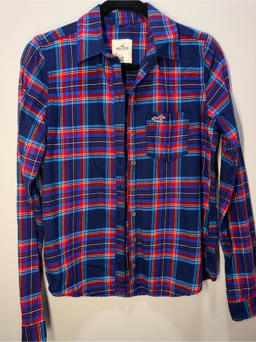 Hollister Women Blue and Red Plaid Button-Up Shirt